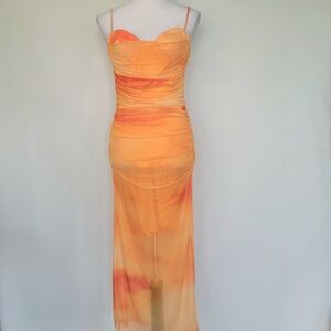 ZARA Bright Orange Mesh Bodycon Sleeveless Maxi Dress Sz Medium